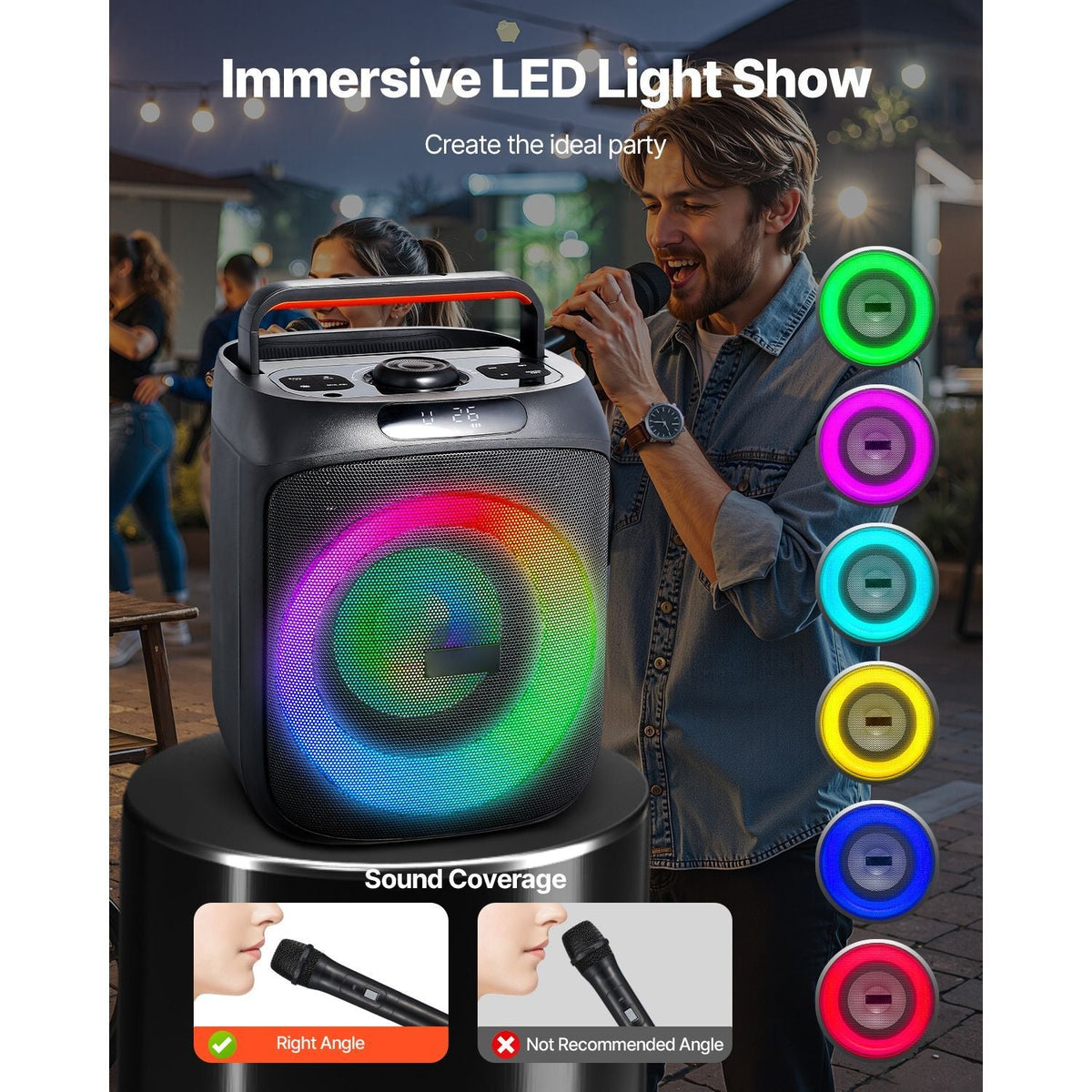 Karaoke Machine for Adults, 30W, 6.5-inch Portable Bluetooth Speaker with 2 Wireless Microphones, LED Light, TWS Function, Handle, Support Micro TF Card, USB, AUX, for Home Karaoke Party Singing