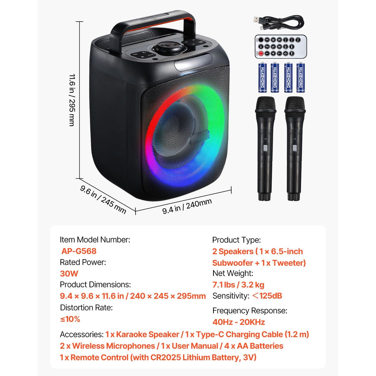 Karaoke Machine for Adults, 30W, 6.5-inch Portable Bluetooth Speaker with 2 Wireless Microphones, LED Light, TWS Function, Handle, Support Micro TF Card, USB, AUX, for Home Karaoke Party Singing