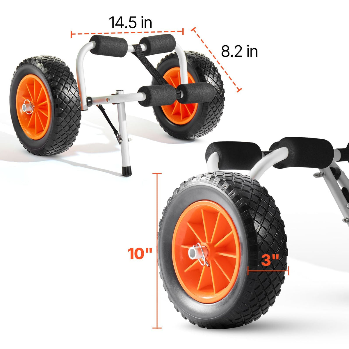 Kayak Cart, 200 lbs Load Capacity, Foldable Kayak Trolley with 10-inch Solid Rubber Tires & 1 Ratchet Strap, Paddle Board Trolley for Carrying Kayaks, Canoes, Paddleboards, Float Mats, Jon Boats