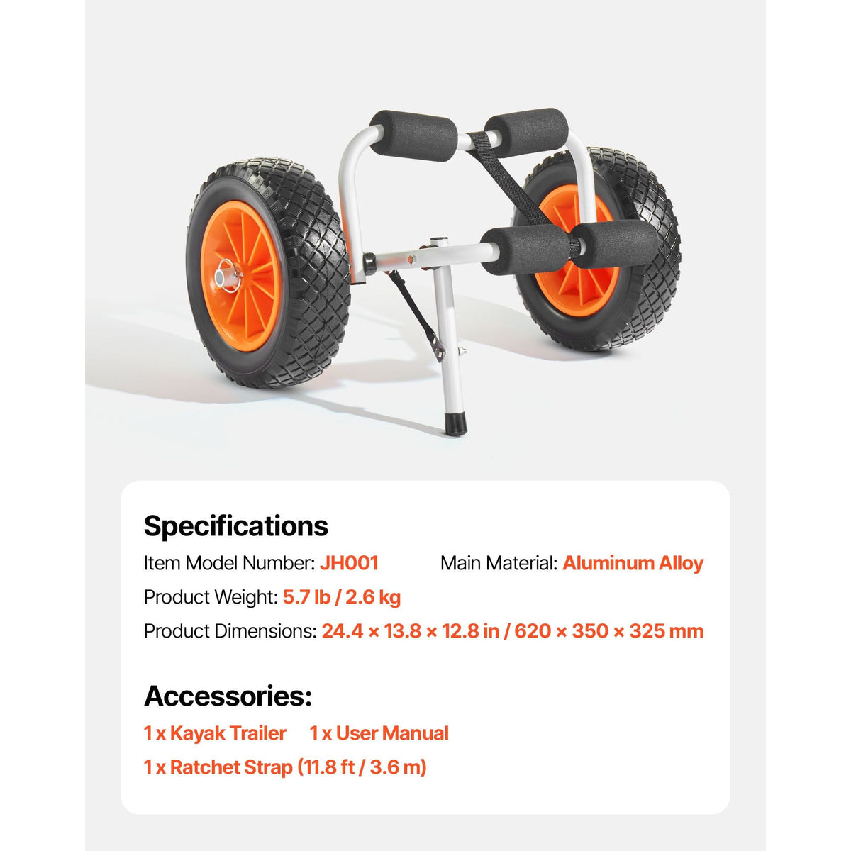 Kayak Cart, 200 lbs Load Capacity, Foldable Kayak Trolley with 10-inch Solid Rubber Tires & 1 Ratchet Strap, Paddle Board Trolley for Carrying Kayaks, Canoes, Paddleboards, Float Mats, Jon Boats