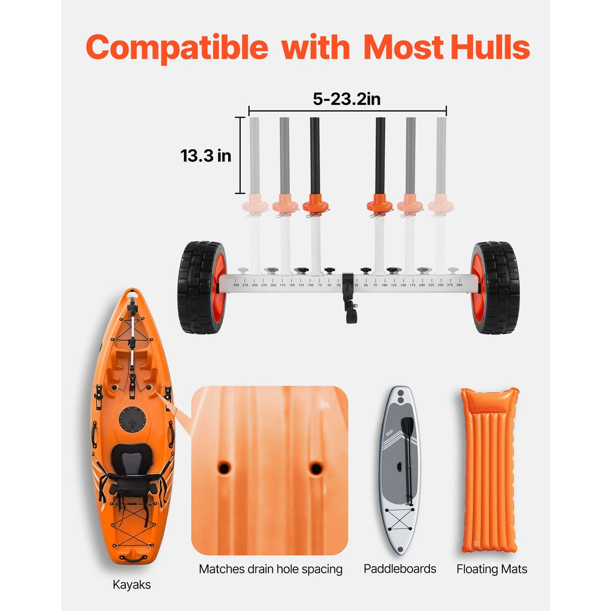 Kayak Cart, 230 lbs Load Capacity, Canoe Cart Dolly with 10-inch Solid PU Tires & Kickstand, Assembles & Disassembles Within Seconds, Paddle Board Trolley for Kayaks, Canoes, Paddleboards