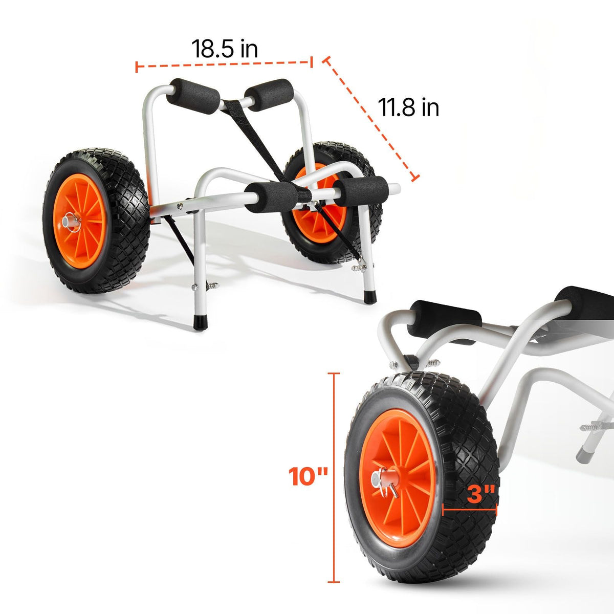 Kayak Cart, 250 lbs Load Capacity, Foldable Kayak Trolley with 10-inch Solid Rubber Tires & 1 Ratchet Strap, Paddle Board Trolley for Carrying Kayaks, Canoes, Paddleboards, Float Mats, Jon Boats