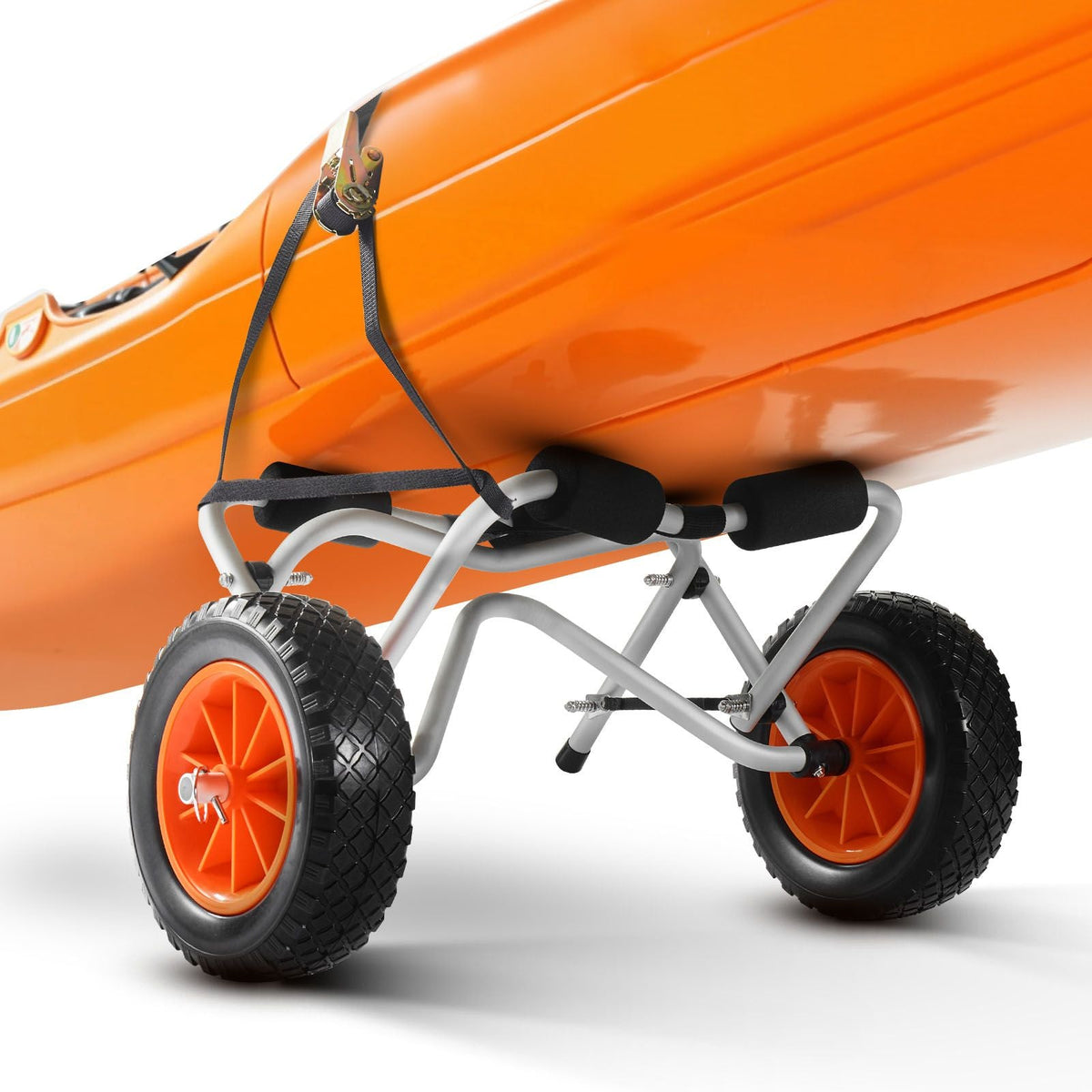 Kayak Cart, 250 lbs Load Capacity, Foldable Kayak Trolley with 10-inch Solid Rubber Tires & 1 Ratchet Strap, Paddle Board Trolley for Carrying Kayaks, Canoes, Paddleboards, Float Mats, Jon Boats