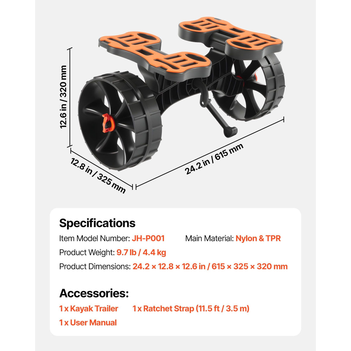 Kayak Cart, 300 lbs Load Capacity, Foldable Kayak Trolley with 10-inch Solid Rubber Tires & 1 Ratchet Strap, Paddle Board Trolley for Carrying Kayaks, Canoes, Paddleboards, Float Mats, Jon Boats