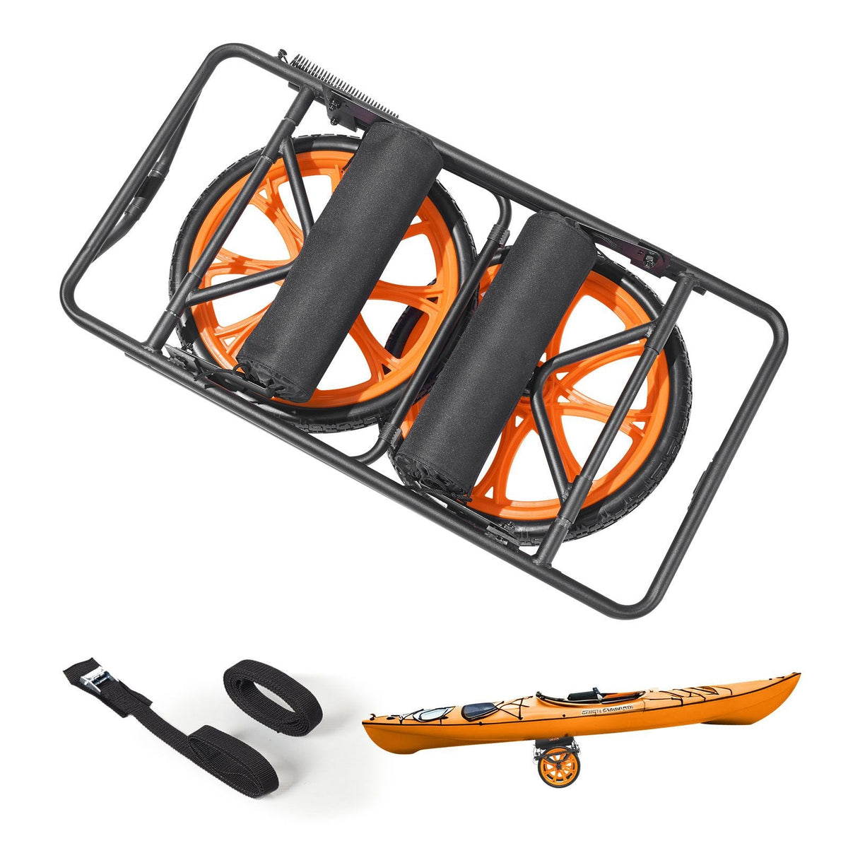 Kayak Cart, 330 lbs Load Capacity, Canoe Cart Dolly with 15-inch Solid Rubber Tires & Kickstand, Assembles & Disassembles Within Seconds, Paddle Board Trolley for Kayaks, Canoes, Paddleboards