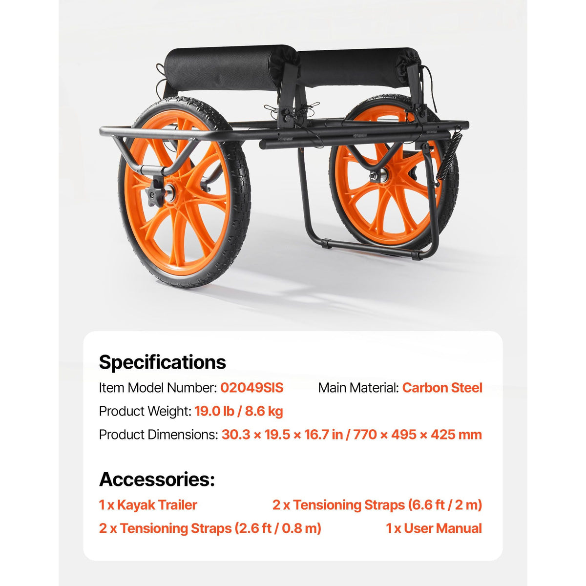 Kayak Cart, 330 lbs Load Capacity, Canoe Cart Dolly with 15-inch Solid Rubber Tires & Kickstand, Assembles & Disassembles Within Seconds, Paddle Board Trolley for Kayaks, Canoes, Paddleboards