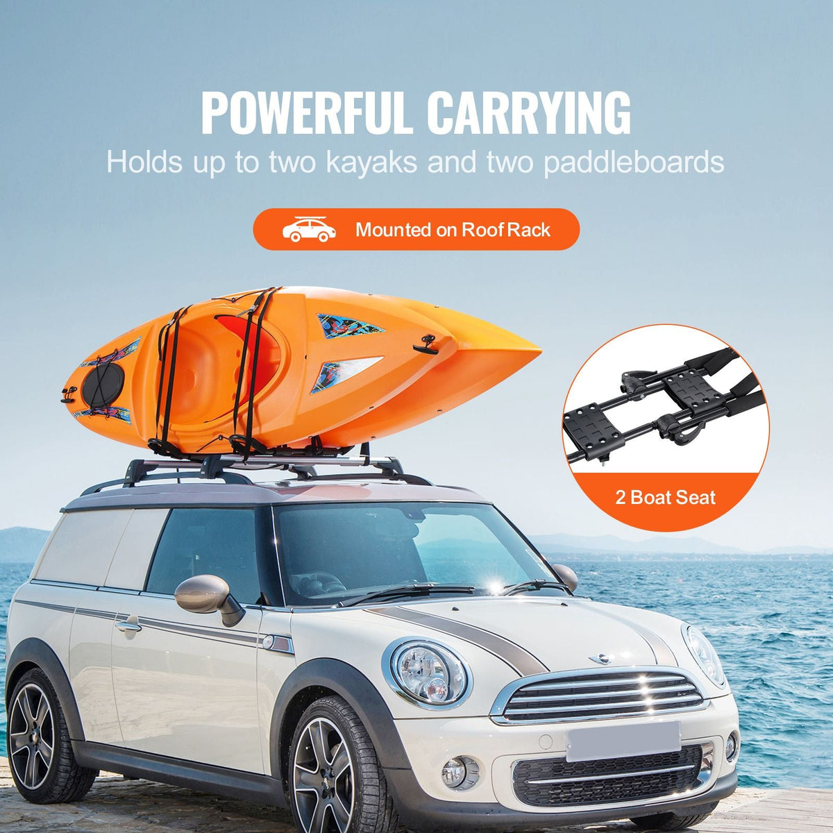 Kayak Roof Rack 1 Pair J-Bar, Soft Roof Rack Quick Folding, Top Mount Tie Down, Carrier for kayak, Surf Board, Canoe, SUP, Ski Board, Mount on Car, SUV, Truck, 1 Kayak