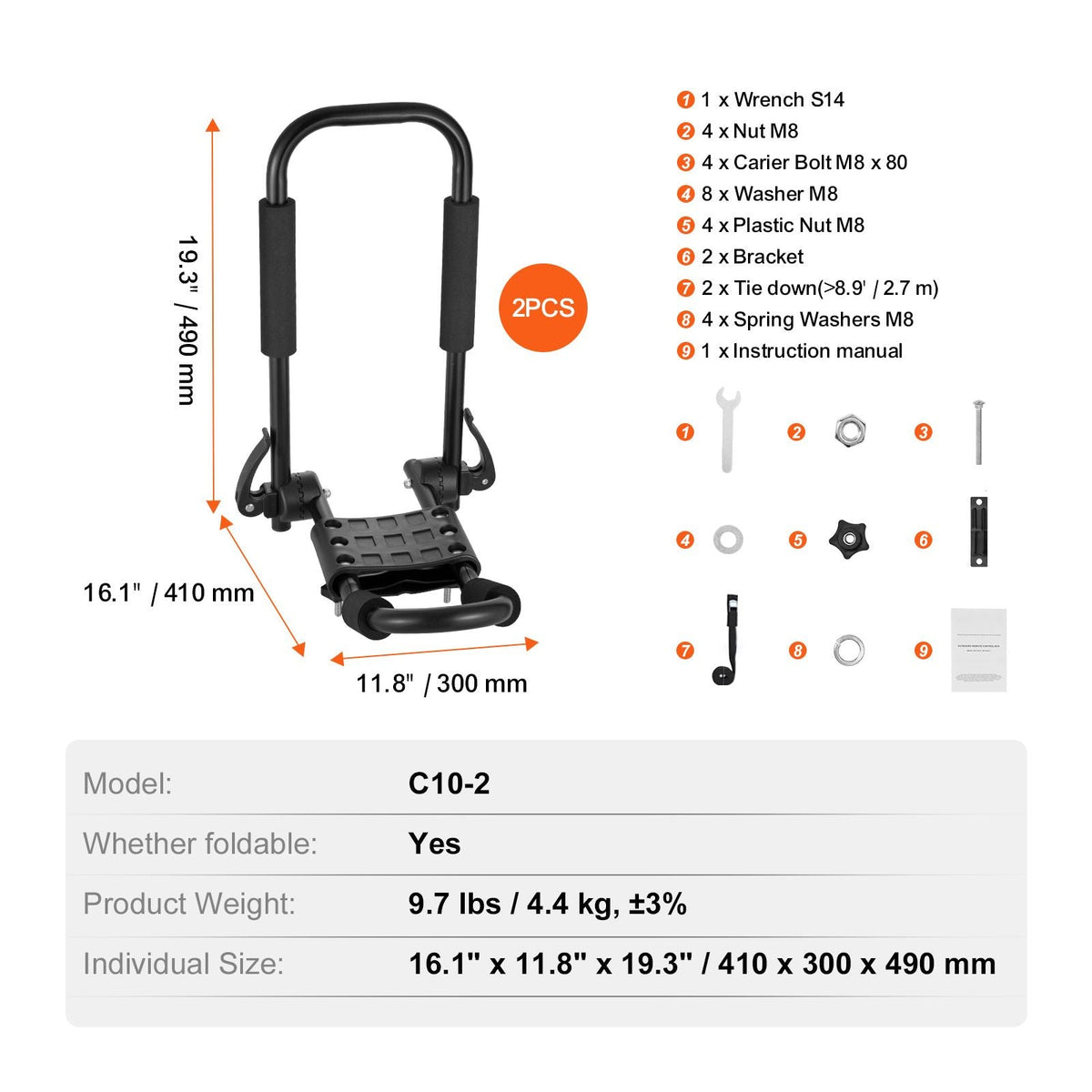 Kayak Roof Rack 1 Pair J-Bar, Soft Roof Rack Quick Folding, Top Mount Tie Down, Carrier for kayak, Surf Board, Canoe, SUP, Ski Board, Mount on Car, SUV, Truck, 1 Kayak