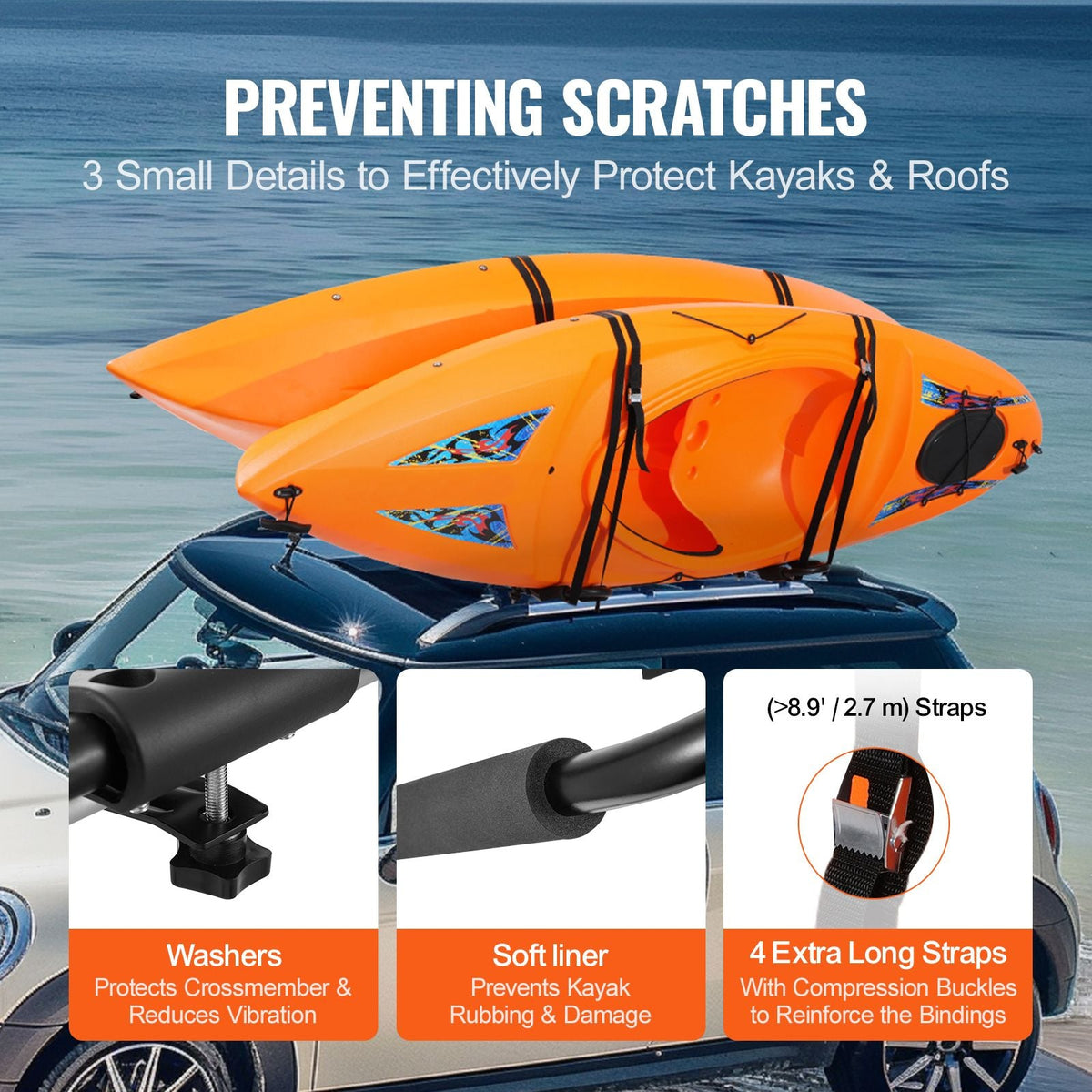 Kayak Roof Rack 1 Pair J-Bar, Soft Roof Rack Quick Folding, Top Mount Tie Down, Carrier for kayak, Surf Board, Canoe, SUP, Ski Board, Mount on Car, SUV, Truck, 1 Kayak