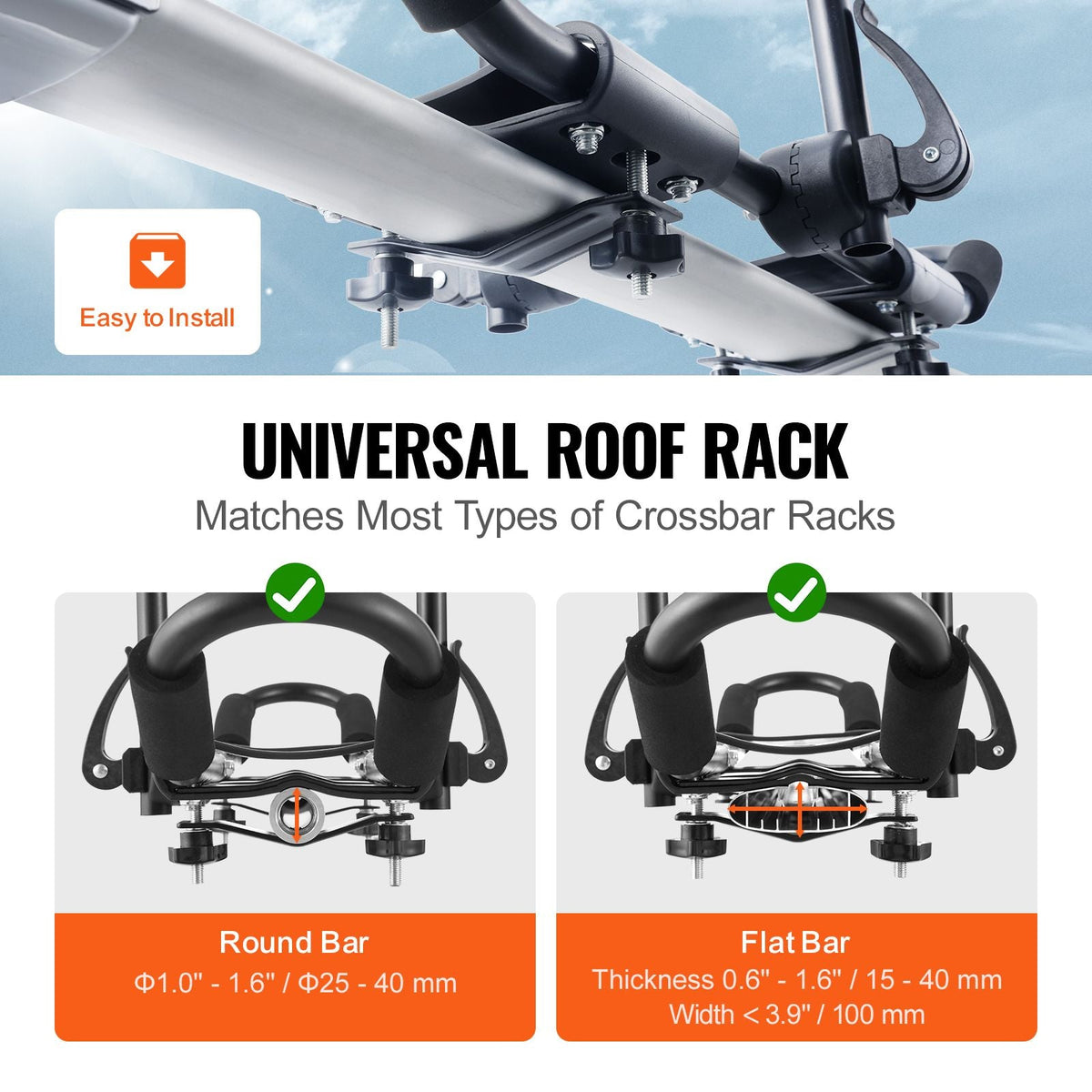 Kayak Roof Rack 1 Pair J-Bar, Soft Roof Rack Quick Folding, Top Mount Tie Down, Carrier for kayak, Surf Board, Canoe, SUP, Ski Board, Mount on Car, SUV, Truck, 1 Kayak
