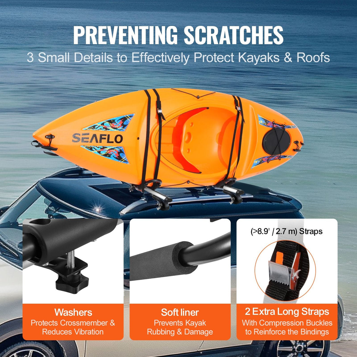 Kayak Roof Rack, 1 Pair J-Bar, Soft Roof Rack, Top Mount Tie Down, Carrier for kayak, Surf Board, Canoe, SUP, Ski Board, Mount on Car, SUV, Truck, 1 Kayak