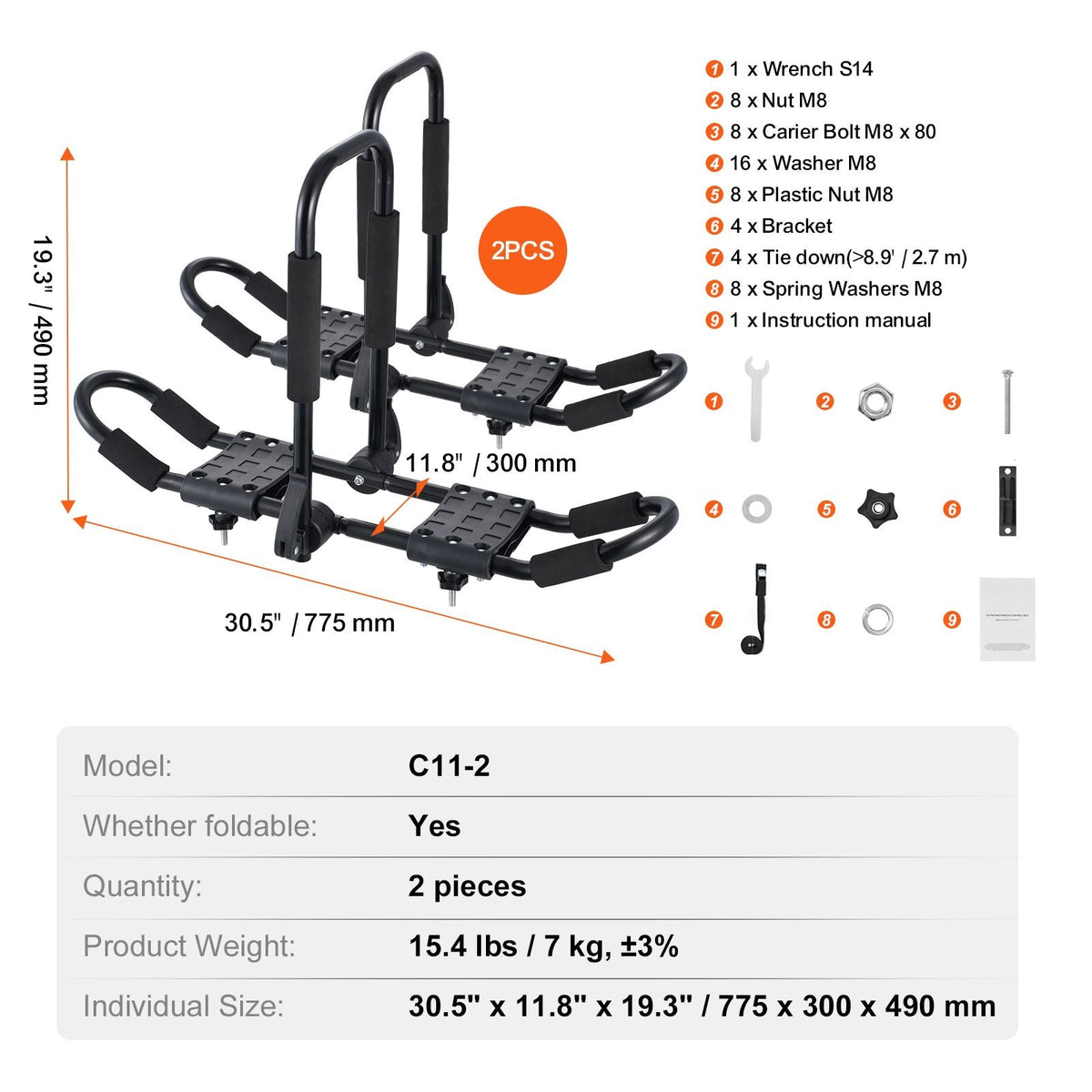 Kayak Roof Rack 1 Pair J-Bar, Soft Roof Rack, Top Mount Tie Down, Carrier for kayak, Surf Board, Canoe, SUP, Ski Board, Mount on Car, SUV, Truck, 2 Kayaks