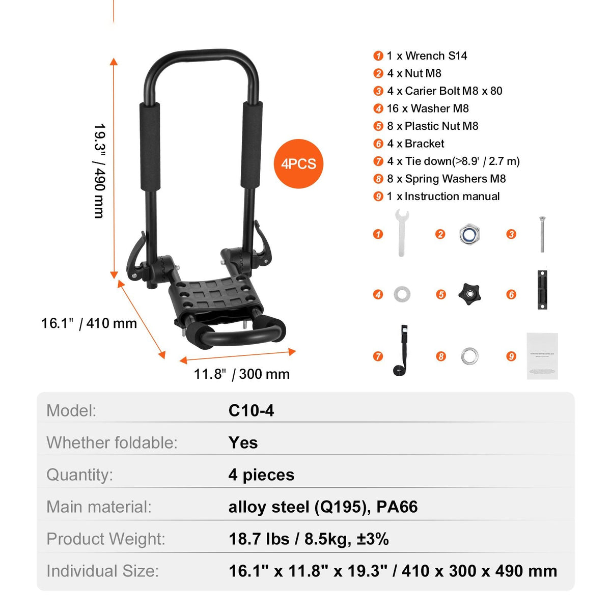 Kayak Roof Rack 2 Pairs J-Bar, Soft Roof Rack Quick Folding, Top Mount Tie Down, Carrier for kayak, Surf Board, Canoe, SUP, Ski Board, Mount on Car, SUV, Truck, 2 Kayaks