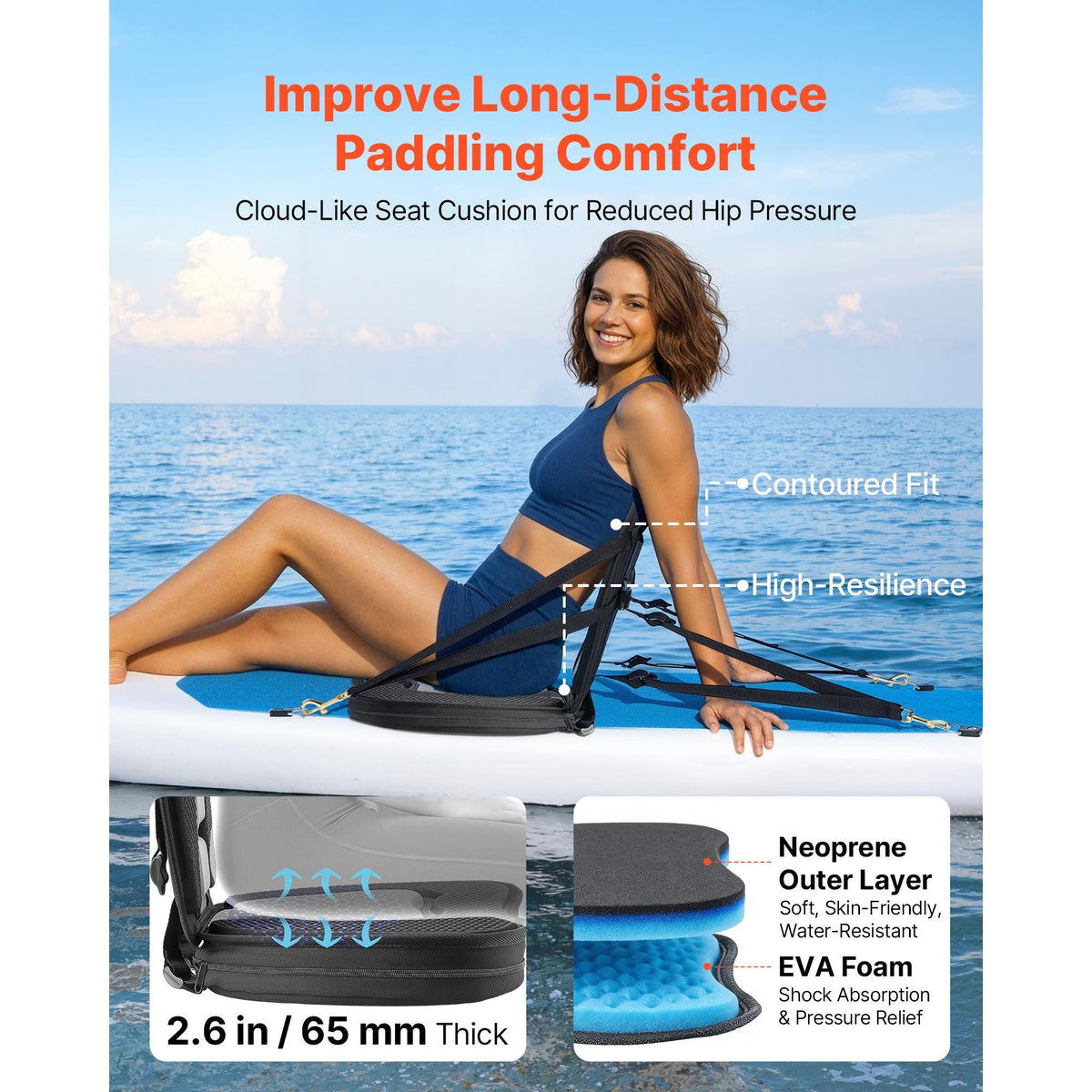 Kayak Seat, 1 Pack 2.6" Thick, Universal Paddle Board Seat with Back Support, Sit-on-Top Soft Padded Cushion with Storage Bag & Adjustable Straps for SUP, Canoe, Fishing Boat, Inflatable Kayak