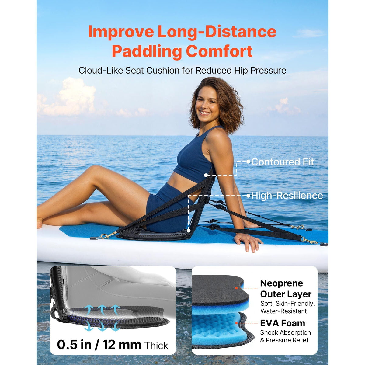 Kayak Seat, 2 Pack 0.5" Thick, Universal Paddle Board Seat with Back Support, Sit-on-Top Soft Padded Cushion with Storage Bag & Adjustable Straps for SUP, Canoe, Fishing Boat, Inflatable Kayak