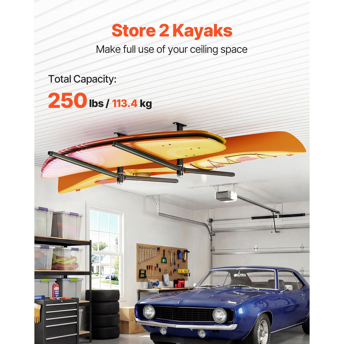 Kayak Storage Rack for 2 Kayaks, Holds Up to 250 lbs, Heavy Duty Adjustable Ceiling Rack for Garage Ceiling Mount, Overhead Garage Storage Hanger for Canoe, Ladder, SUP, Surfboard & Paddleboard