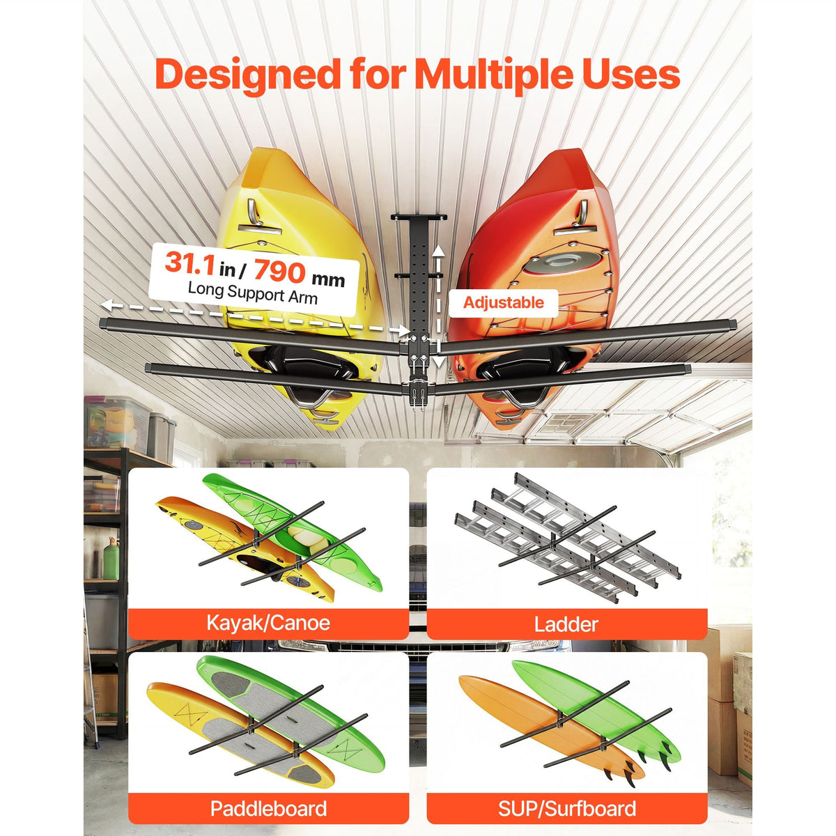 Kayak Storage Rack for 2 Kayaks, Holds Up to 250 lbs, Heavy Duty Adjustable Ceiling Rack for Garage Ceiling Mount, Overhead Garage Storage Hanger for Canoe, Ladder, SUP, Surfboard & Paddleboard