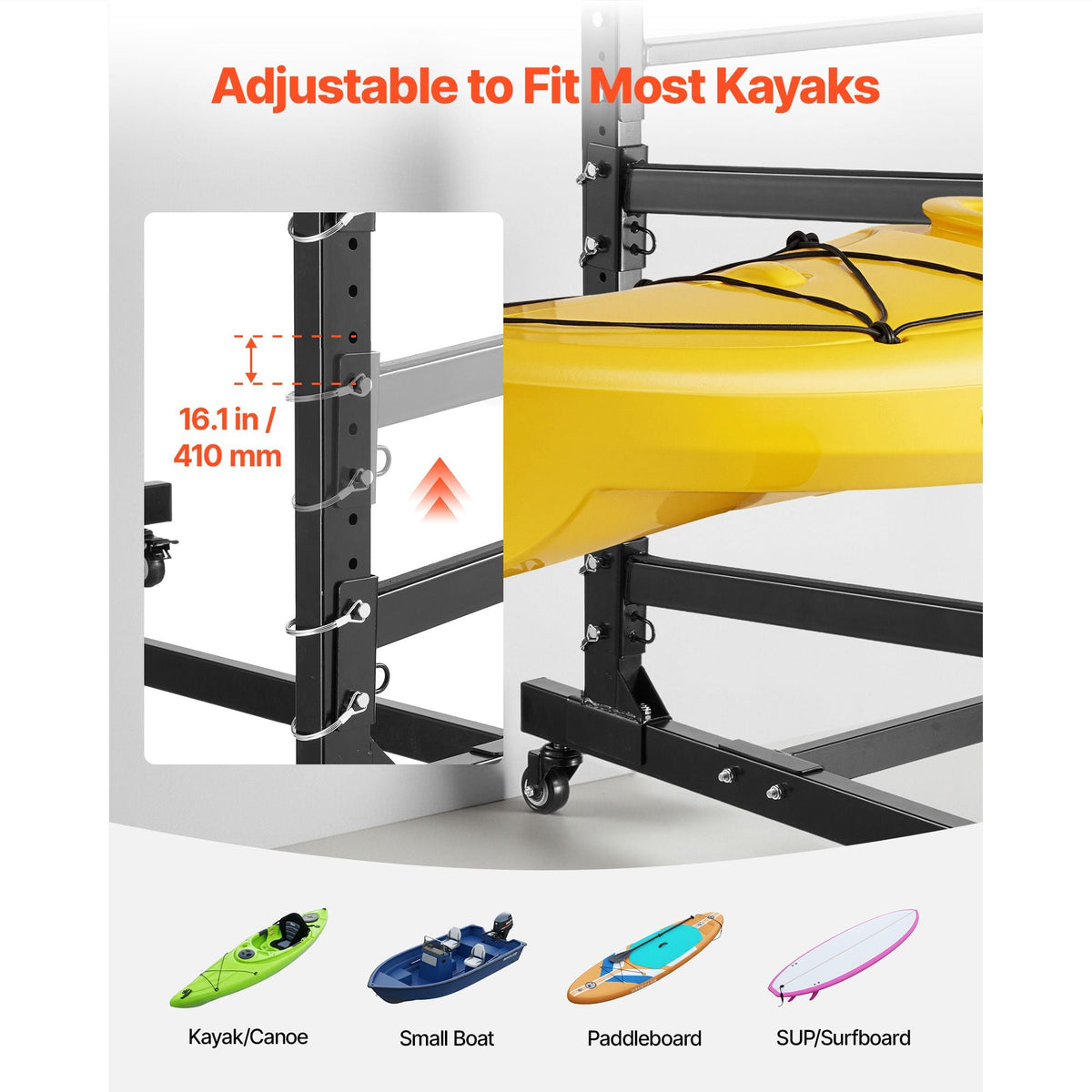 Kayak Storage Rack for 3 Kayaks, Holds 200 lbs, Heavy Duty Adjustable Freestanding Stand with Lockable Wheels for Indoor Outdoor Garage Shed Dock, Holder for Canoe, SUP, Surfboard & Paddleboard