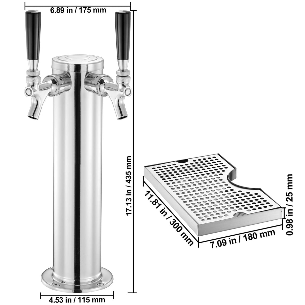 Kegerator Tower Kit, Dual Taps Beer Conversion Kit, Stainless Steel Keg Beer Tower Dispenser with Dual Gauge CGA320 Regulator & D-System Keg Coupler, Beer Drip Tray for Party Home
