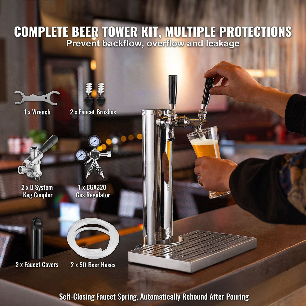 Kegerator Tower Kit, Dual Taps Beer Conversion Kit, Stainless Steel Keg Beer Tower Dispenser with Dual Gauge CGA320 Regulator & D-System Keg Coupler, Beer Drip Tray for Party Home