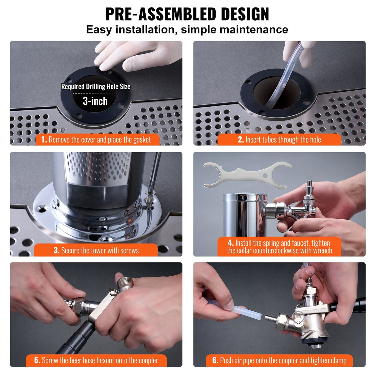 Kegerator Tower Kit, Dual Taps Beer Conversion Kit, Stainless Steel Keg Beer Tower Dispenser with Dual Gauge CGA320 Regulator & D-System Keg Coupler, Beer Drip Tray for Party Home