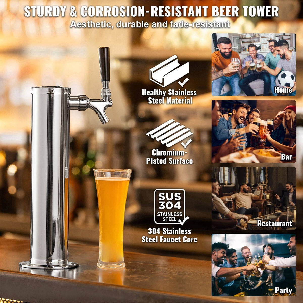 Kegerator Tower Kit, Single Tap Beer Conversion Kit, Stainless Steel Keg Beer Tower Dispenser with Dual Gauge CGA320 Regulator & D-System Keg Coupler, Self-Closing Spring for Party Bar Home