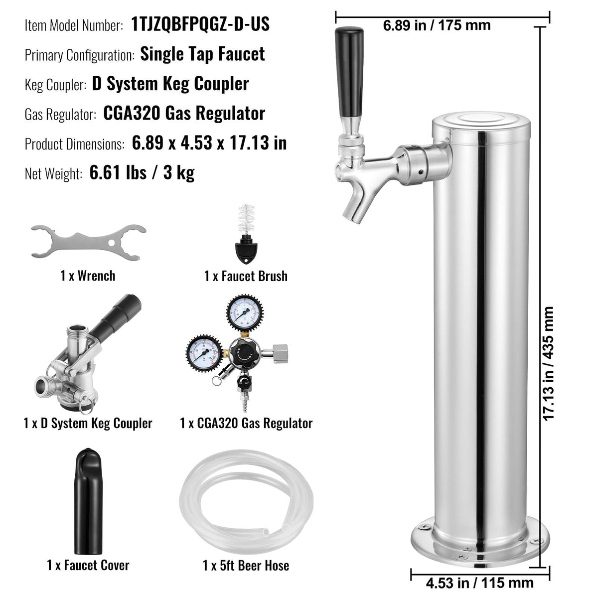 Kegerator Tower Kit, Single Tap Beer Conversion Kit, Stainless Steel Keg Beer Tower Dispenser with Dual Gauge CGA320 Regulator & D-System Keg Coupler, Self-Closing Spring for Party Bar Home