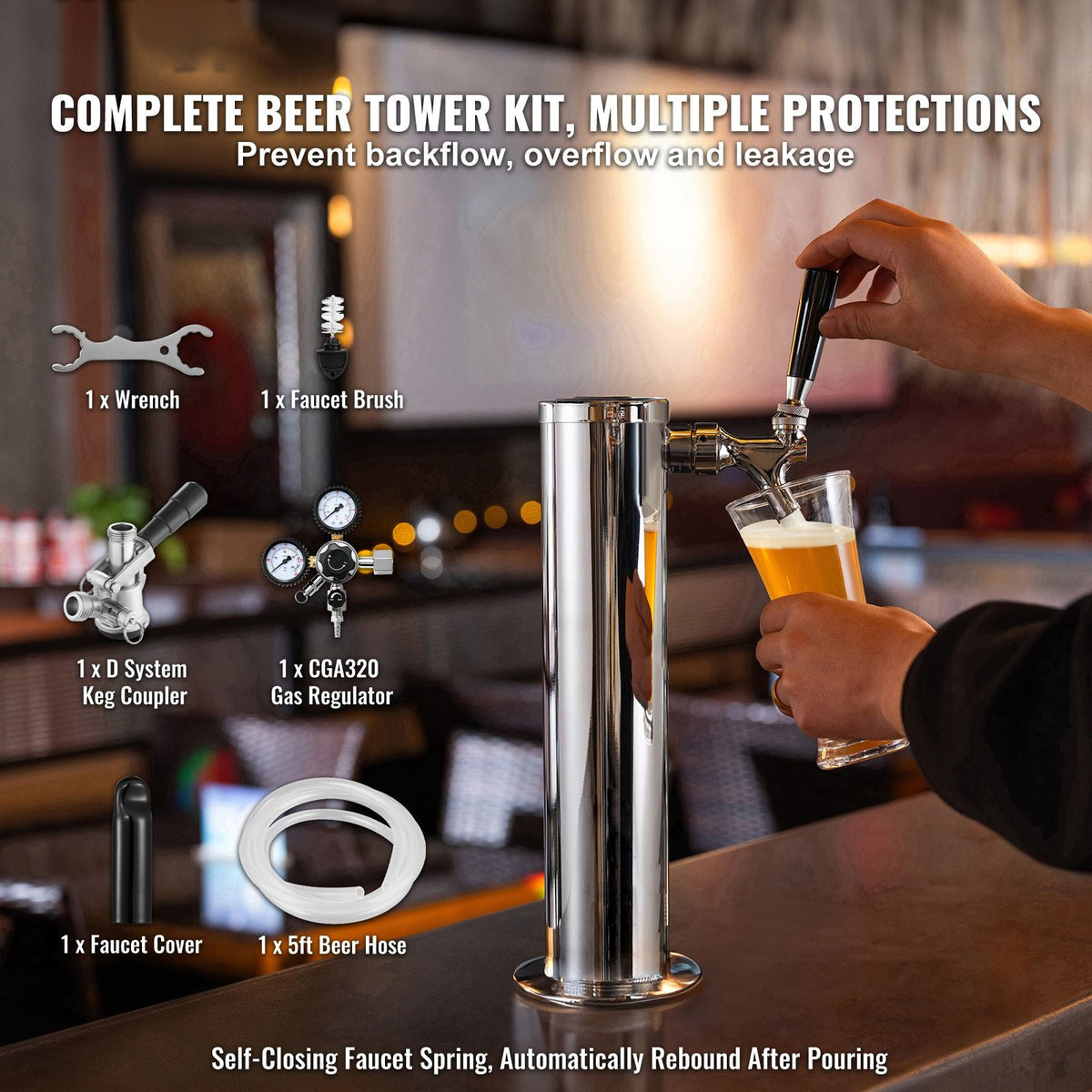 Kegerator Tower Kit, Single Tap Beer Conversion Kit, Stainless Steel Keg Beer Tower Dispenser with Dual Gauge CGA320 Regulator & D-System Keg Coupler, Self-Closing Spring for Party Bar Home