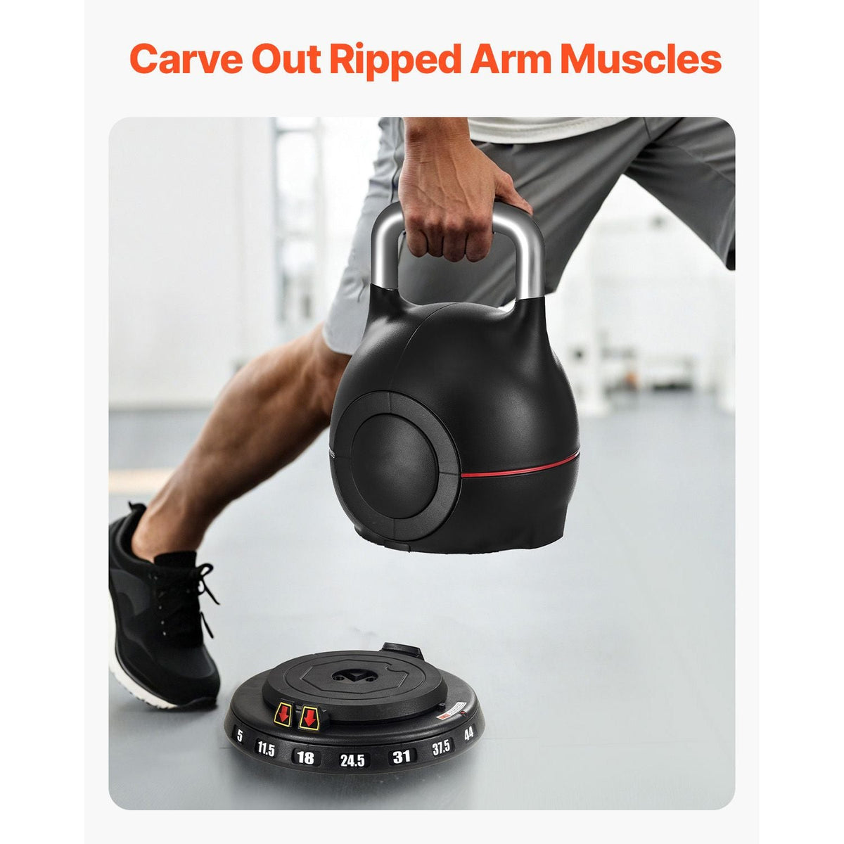 Kettlebell, Adjustable Kettlebell with 7 Weight Levels (5, 11.5, 18, 24.5, 31, 37.5, 44 lbs), Die-Cast Aluminum and ABS Material, for Grip Strength Training, Full-body Workout & Cross-Training