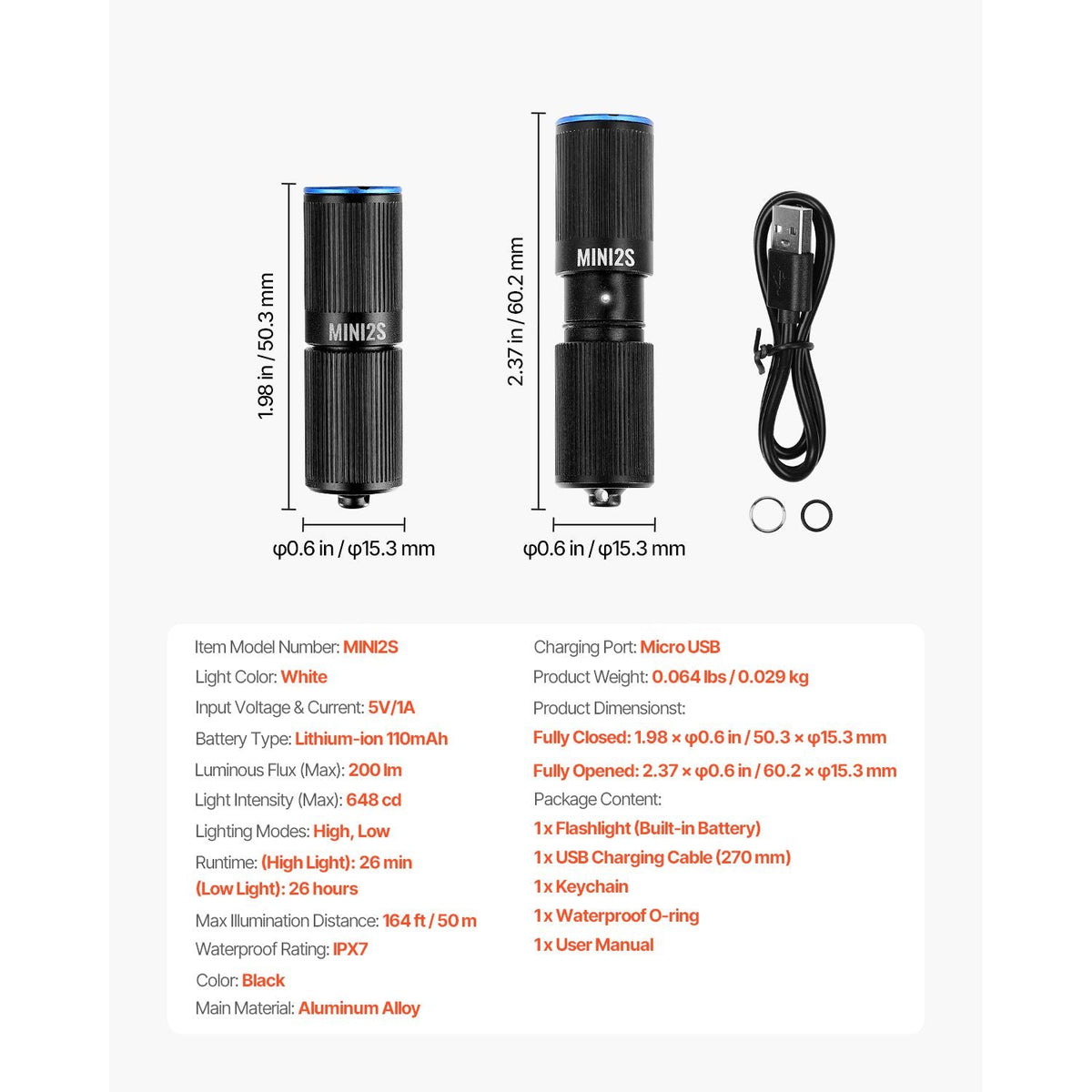 Keychain Flashlight, Rechargeable Mini LED Flashlight, 200 High Lumens Pocket-Sized Flashlight with 2 Lighting Modes, IPX7 Waterproof Portable Flashlight for Everyday Carry, Camping, Emergencies