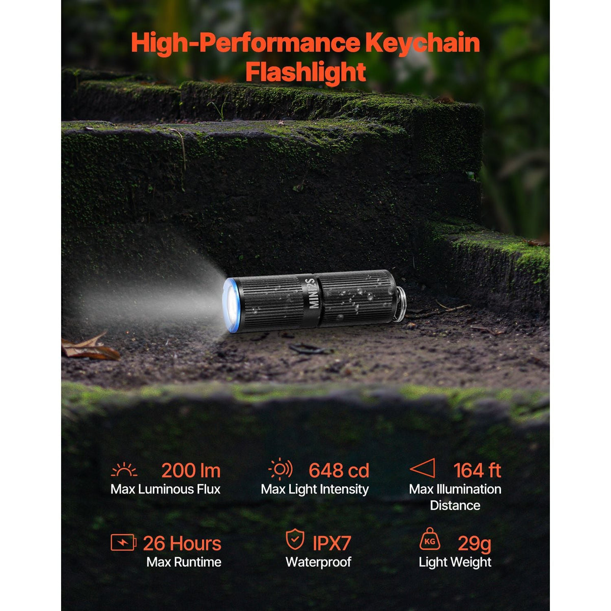 Keychain Flashlight, Rechargeable Mini LED Flashlight, 200 High Lumens Pocket-Sized Flashlight with 2 Lighting Modes, IPX7 Waterproof Portable Flashlight for Everyday Carry, Camping, Emergencies