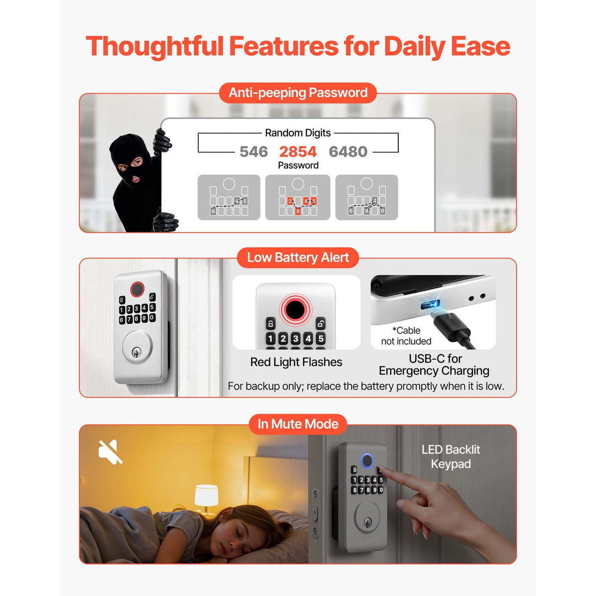 Keyless Entry Door Lock, Electronic Deadbolt with Customizable User Codes, Pioneering Easy-Grip Design, Keyed Entry, Auto Lock, Anti-Peeking Password, Backlit Keypad, for Home, Apartment, Silver
