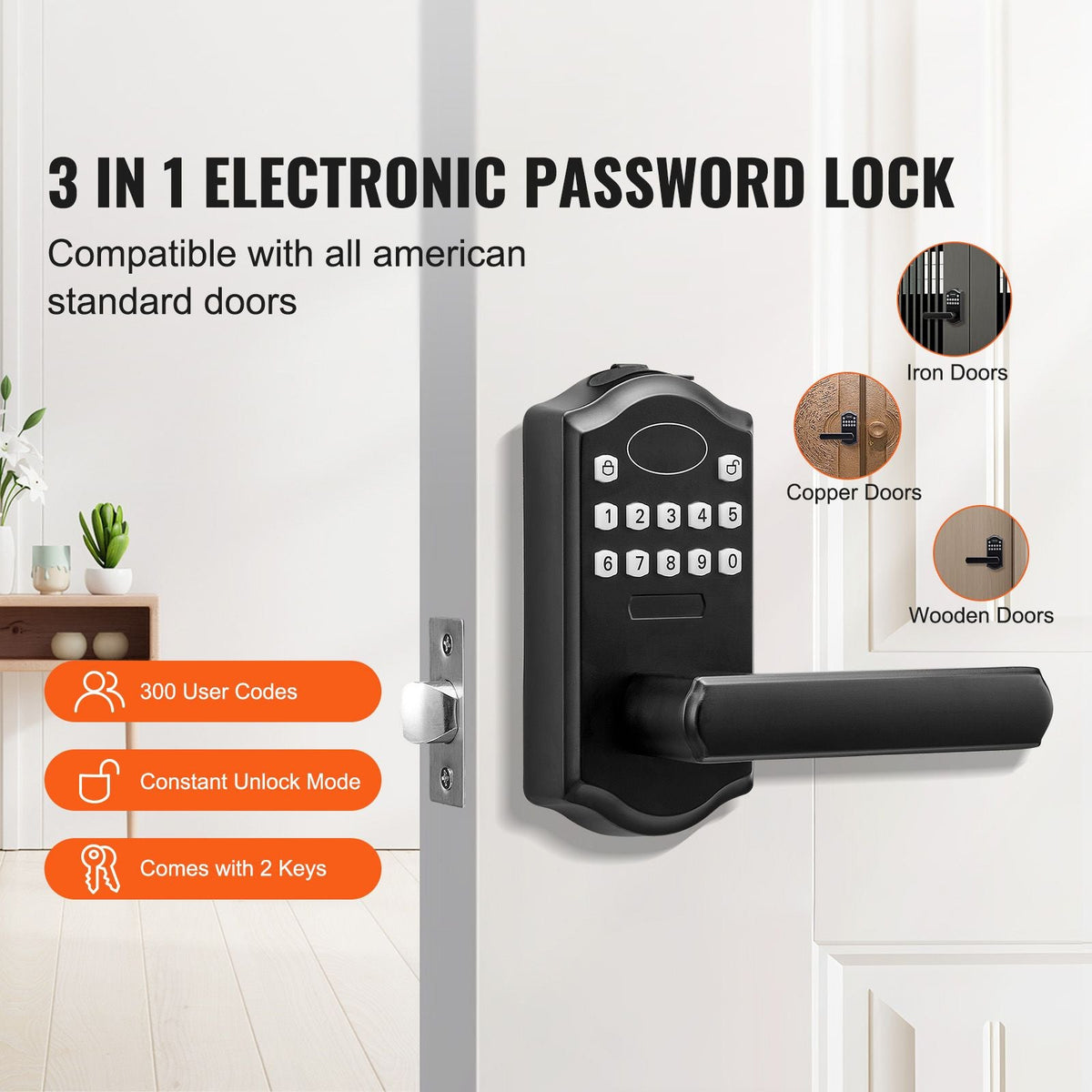 Keyless Entry Door Lock, Electronic Keypad Entry Lever, Password and Key Unlock Combination Door Lock, Auto-Locking Keypad Door Lock with Deadbolt for Front Door, Matte Black, 5.63 x 2.76 in