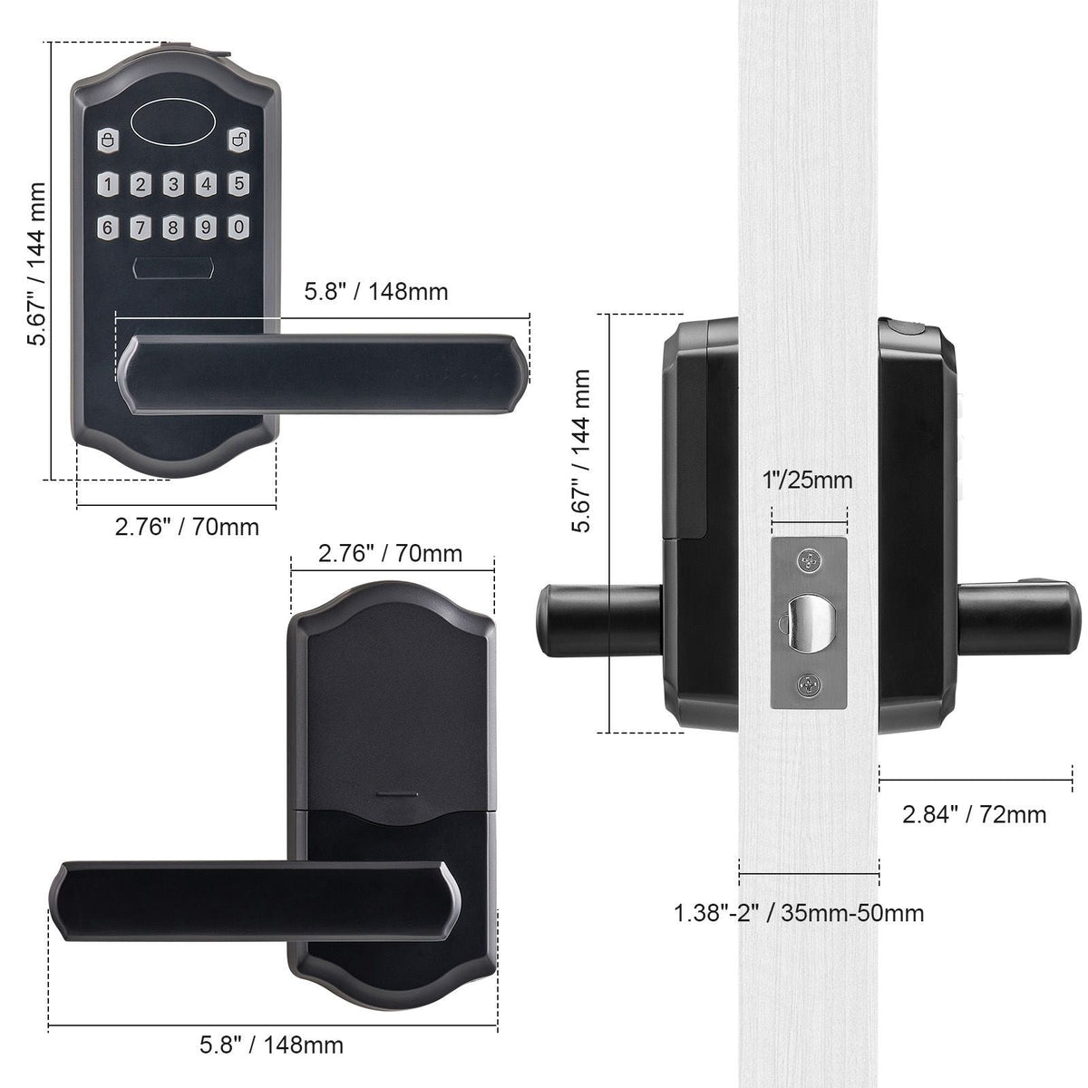 Keyless Entry Door Lock, Electronic Keypad Entry Lever, Password and Key Unlock Combination Door Lock, Auto-Locking Keypad Door Lock with Deadbolt for Front Door, Matte Black, 5.63 x 2.76 in
