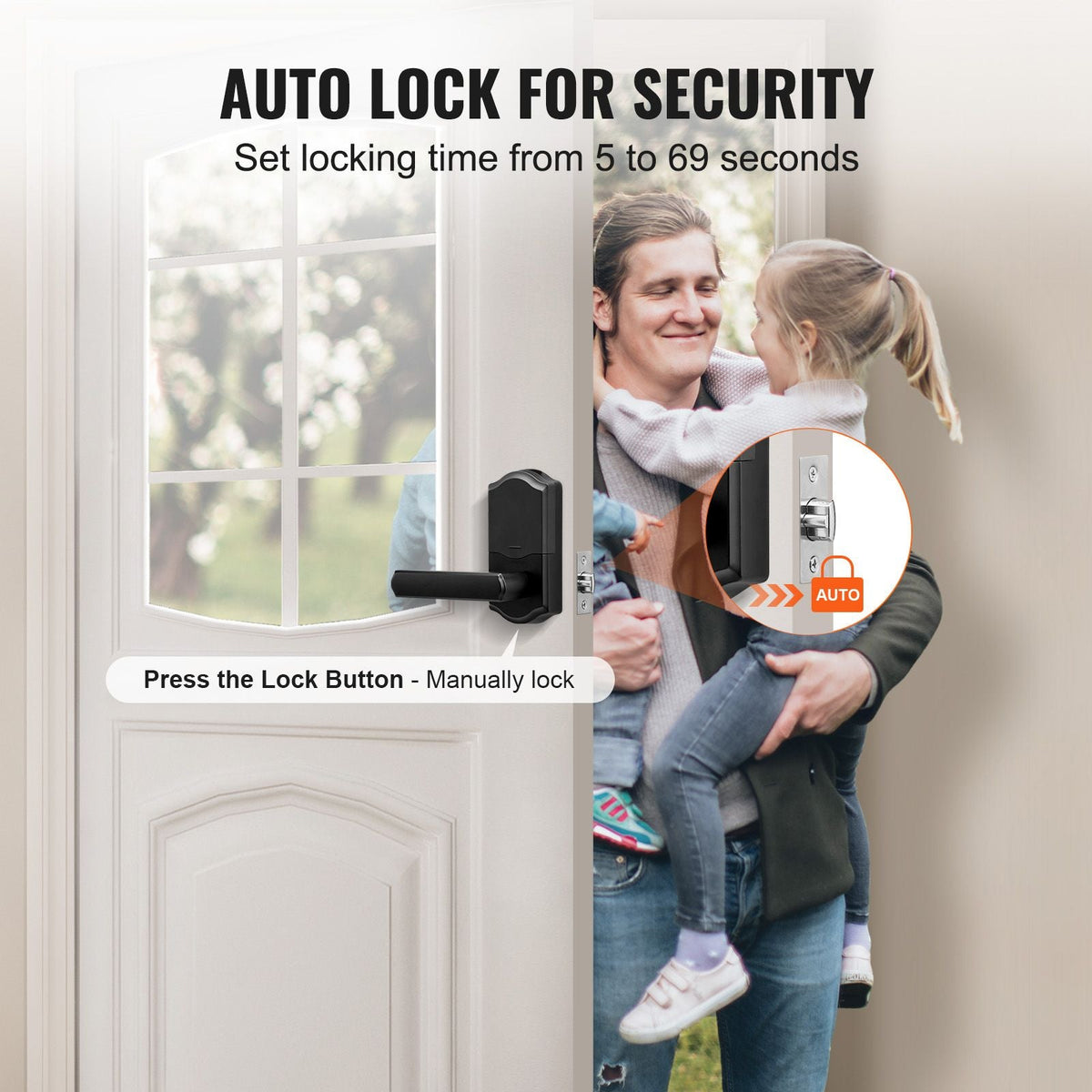 Keyless Entry Door Lock, Electronic Keypad Entry Lever, Password and Key Unlock Combination Door Lock, Auto-Locking Keypad Door Lock with Deadbolt for Front Door, Matte Black, 5.63 x 2.76 in