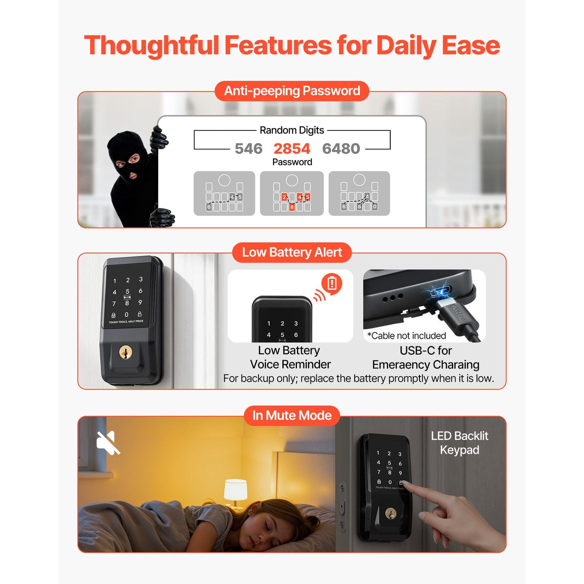 Keyless Entry Door Lock, Touchpad Electronic Deadbolt with IC Card, Customizable User Codes, Keyed Entry, Auto Lock, Anti-Peeking Password, Backlit, Easy Installation, for Home, Matte Black