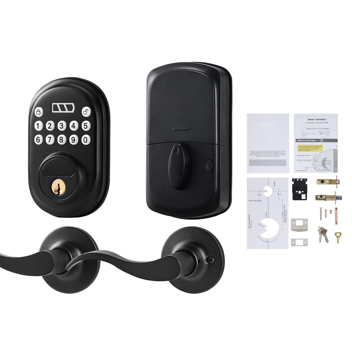 Keyless Entry Door Lock with Handle, Electronic Keypad Entry Lever, Password and Key Unlock Combination, Auto-Locking Keypad with Deadbolt, One-time Password, for Front Door, Matte Black