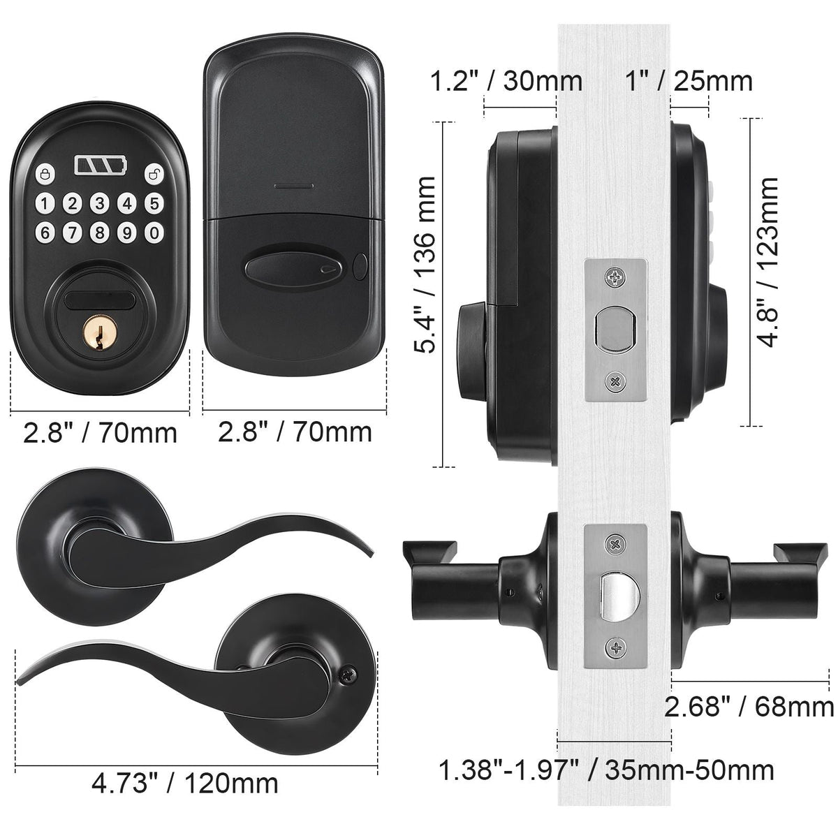 Keyless Entry Door Lock with Handle, Electronic Keypad Entry Lever, Password and Key Unlock Combination, Auto-Locking Keypad with Deadbolt, One-time Password, for Front Door, Matte Black