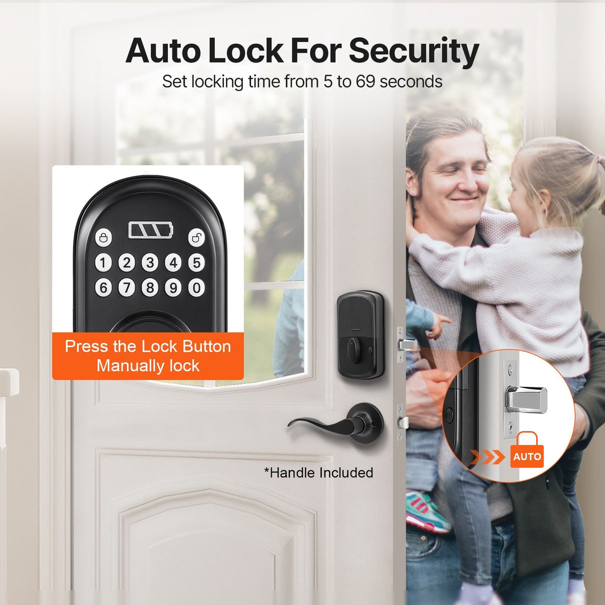 Keyless Entry Door Lock with Handle, Electronic Keypad Entry Lever, Password and Key Unlock Combination, Auto-Locking Keypad with Deadbolt, One-time Password, for Front Door, Matte Black