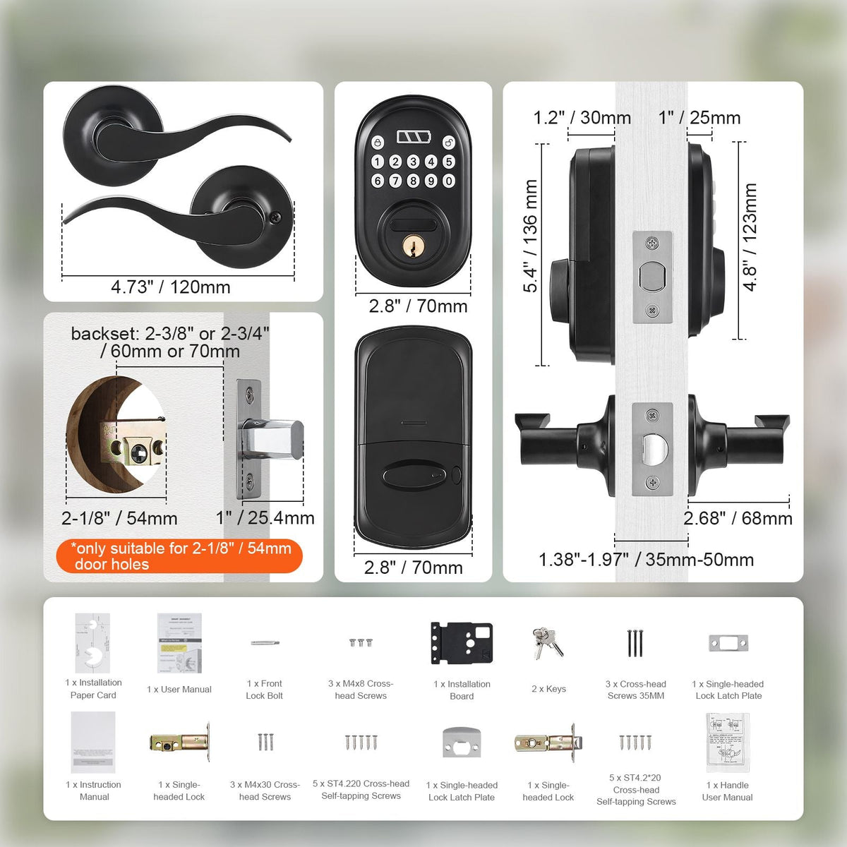 Keyless Entry Door Lock with Handle, Electronic Keypad Entry Lever, Password and Key Unlock Combination, Auto-Locking Keypad with Deadbolt, One-time Password, for Front Door, Matte Black