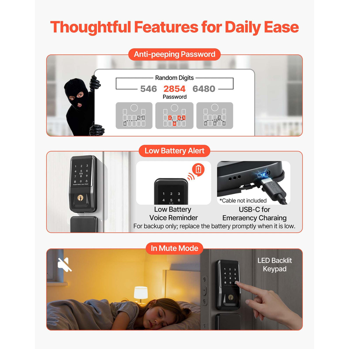 Keyless Entry Door Lock with Handle Set, Touchpad Electronic Deadbolt with IC Card, Customizable User Codes, Keyed Entry, Auto Lock, Anti-Peeking Password, Backlit, for Home, Matte Black