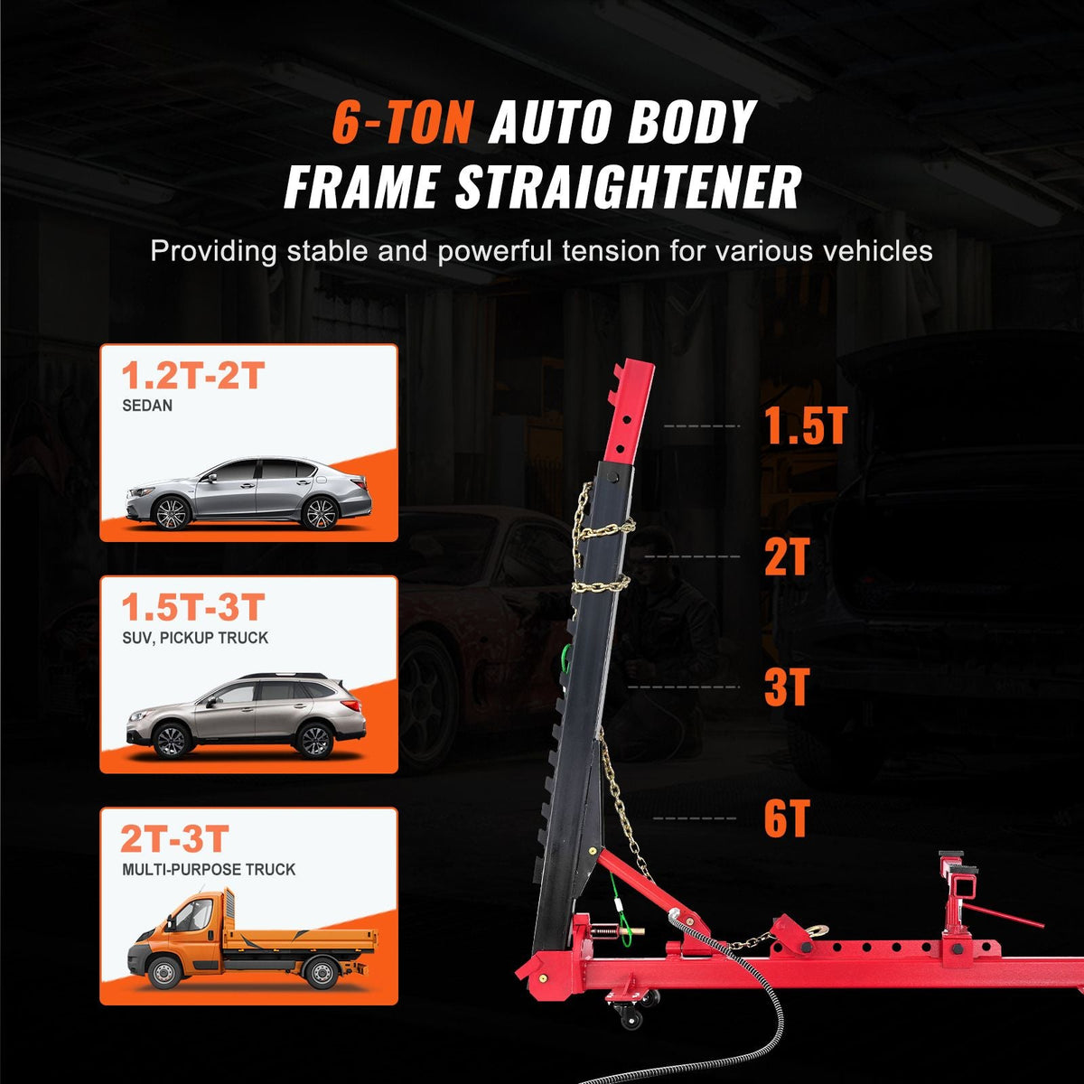 KFFKFF Automobile Chassis Rectifier, 6 Ton Force Auto Chassis Mending Equipment, Vehicle Chassis Apparatus with Rotating Base, Hydraulic Pedal Pump and Tug Clamp Kit, for Vehicle Chassis Renewal