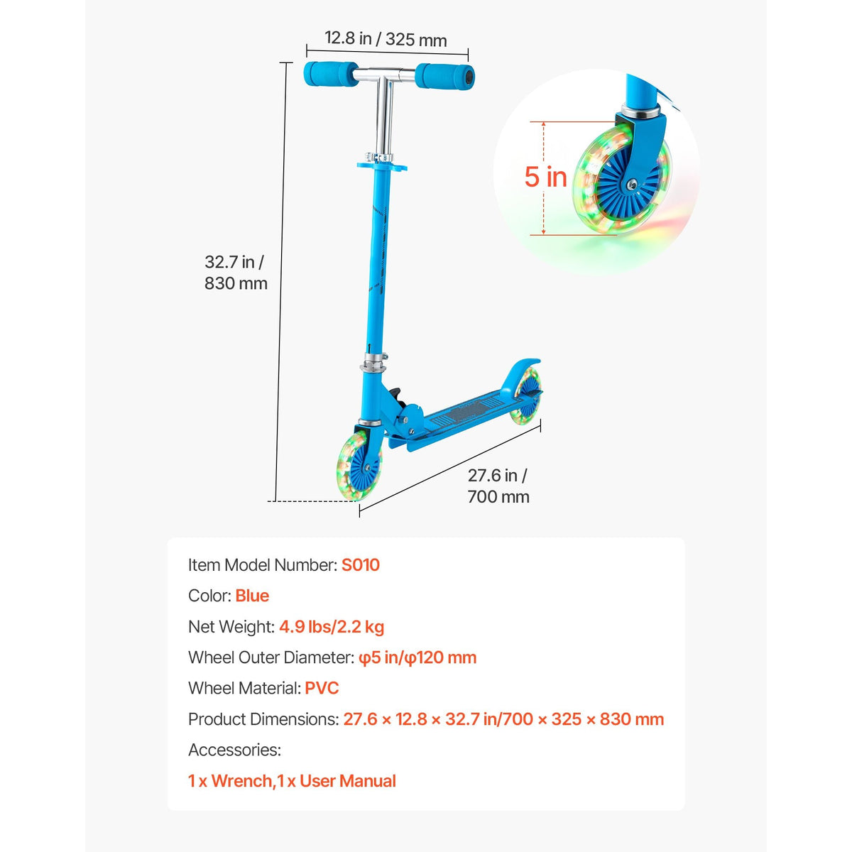 Kick Scooter for Kids Ages 3+, 2-Wheel Toddler Scooter with Light-Up Wheels, Adjustable Height Handlebar, Wide Anti-Slip Deck, Foldable Lightweight Frame for Boys & Girls up to 110 lbs, Blue