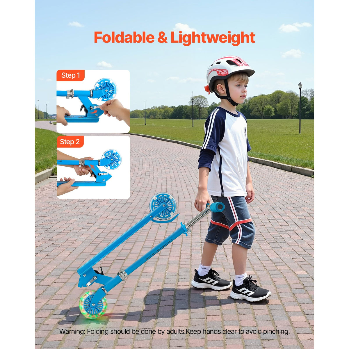 Kick Scooter for Kids Ages 3+, 2-Wheel Toddler Scooter with Light-Up Wheels, Adjustable Height Handlebar, Wide Anti-Slip Deck, Foldable Lightweight Frame for Boys & Girls up to 110 lbs, Blue