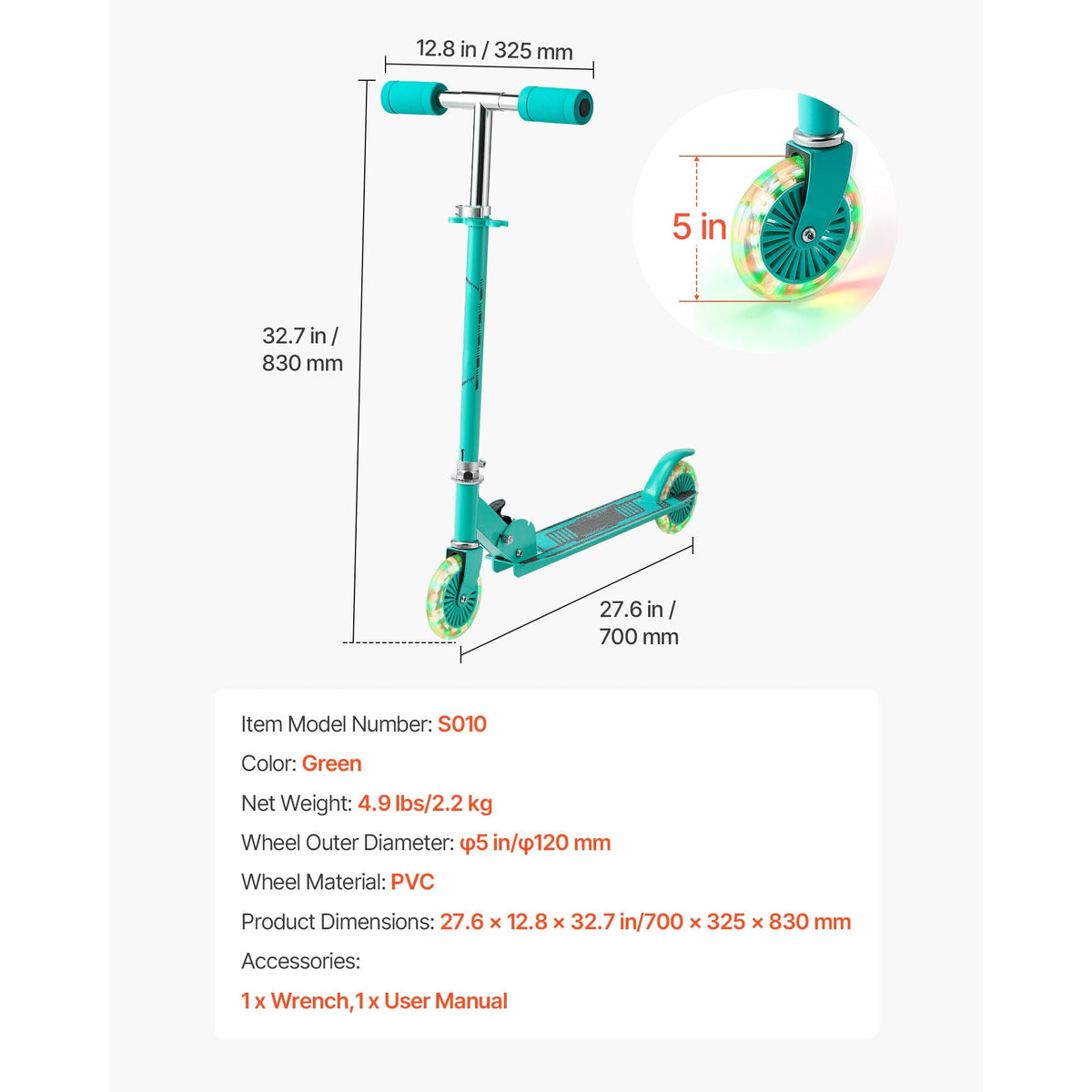 Kick Scooter for Kids Ages 3+, 2-Wheel Toddler Scooter with Light-Up Wheels, Adjustable Height Handlebar, Wide Anti-Slip Deck, Foldable Lightweight Frame for Boys & Girls up to 110 lbs, Green