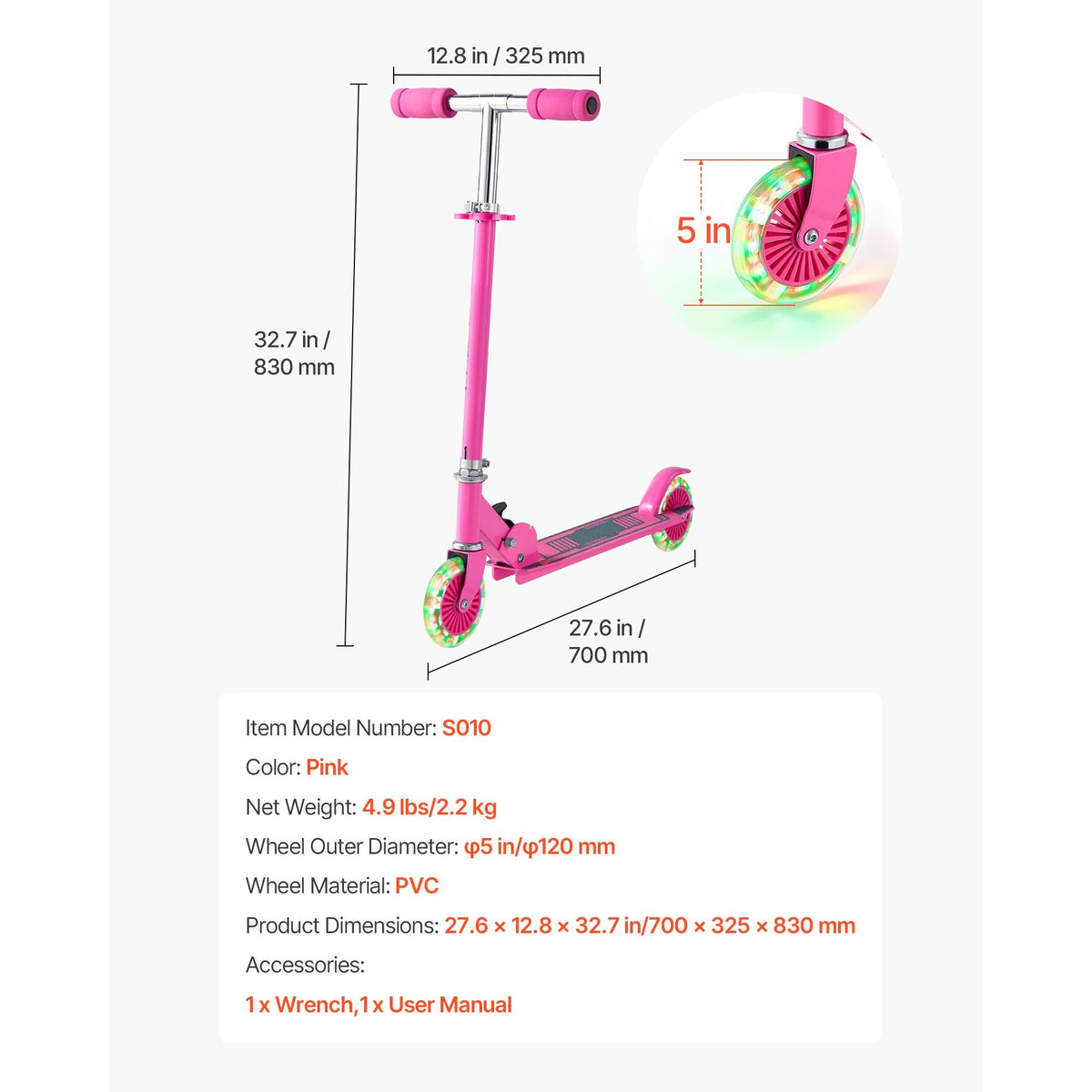 Kick Scooter for Kids Ages 3+, 2-Wheel Toddler Scooter with Light-Up Wheels, Adjustable Height Handlebar, Wide Anti-Slip Deck, Foldable Lightweight Frame for Boys & Girls up to 110 lbs, Pink