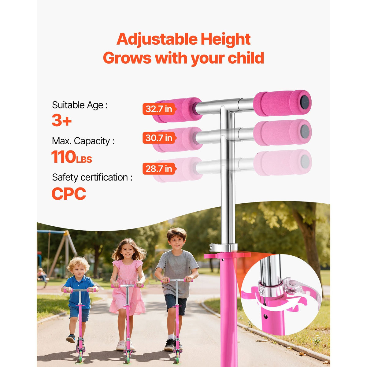 Kick Scooter for Kids Ages 3+, 2-Wheel Toddler Scooter with Light-Up Wheels, Adjustable Height Handlebar, Wide Anti-Slip Deck, Foldable Lightweight Frame for Boys & Girls up to 110 lbs, Pink