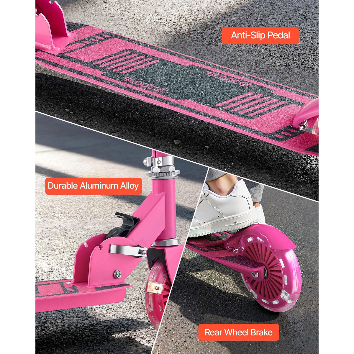 Kick Scooter for Kids Ages 3+, 2-Wheel Toddler Scooter with Light-Up Wheels, Adjustable Height Handlebar, Wide Anti-Slip Deck, Foldable Lightweight Frame for Boys & Girls up to 110 lbs, Pink