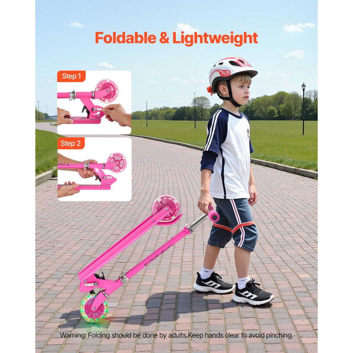 Kick Scooter for Kids Ages 3+, 2-Wheel Toddler Scooter with Light-Up Wheels, Adjustable Height Handlebar, Wide Anti-Slip Deck, Foldable Lightweight Frame for Boys & Girls up to 110 lbs, Pink