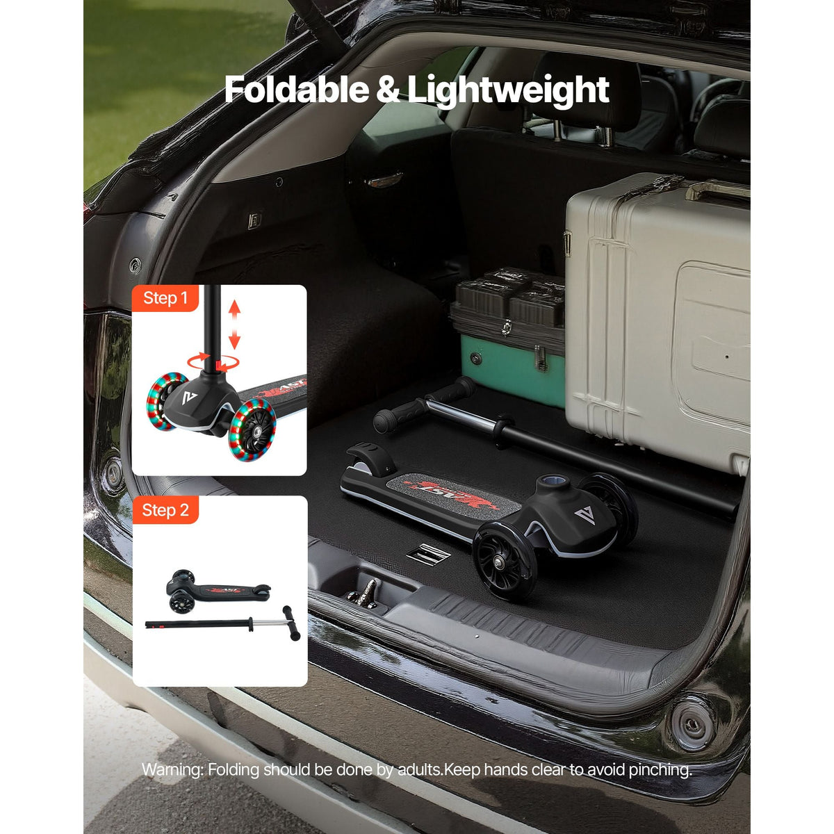 Kick Scooter for Kids Ages 3+, 3-Wheel Toddler Scooter with Light-Up Wheels, Adjustable Height Handlebar, Wide Anti-Slip Deck, Lightweight Aluminum Frame for Boys & Girls up to 165 lbs, Black